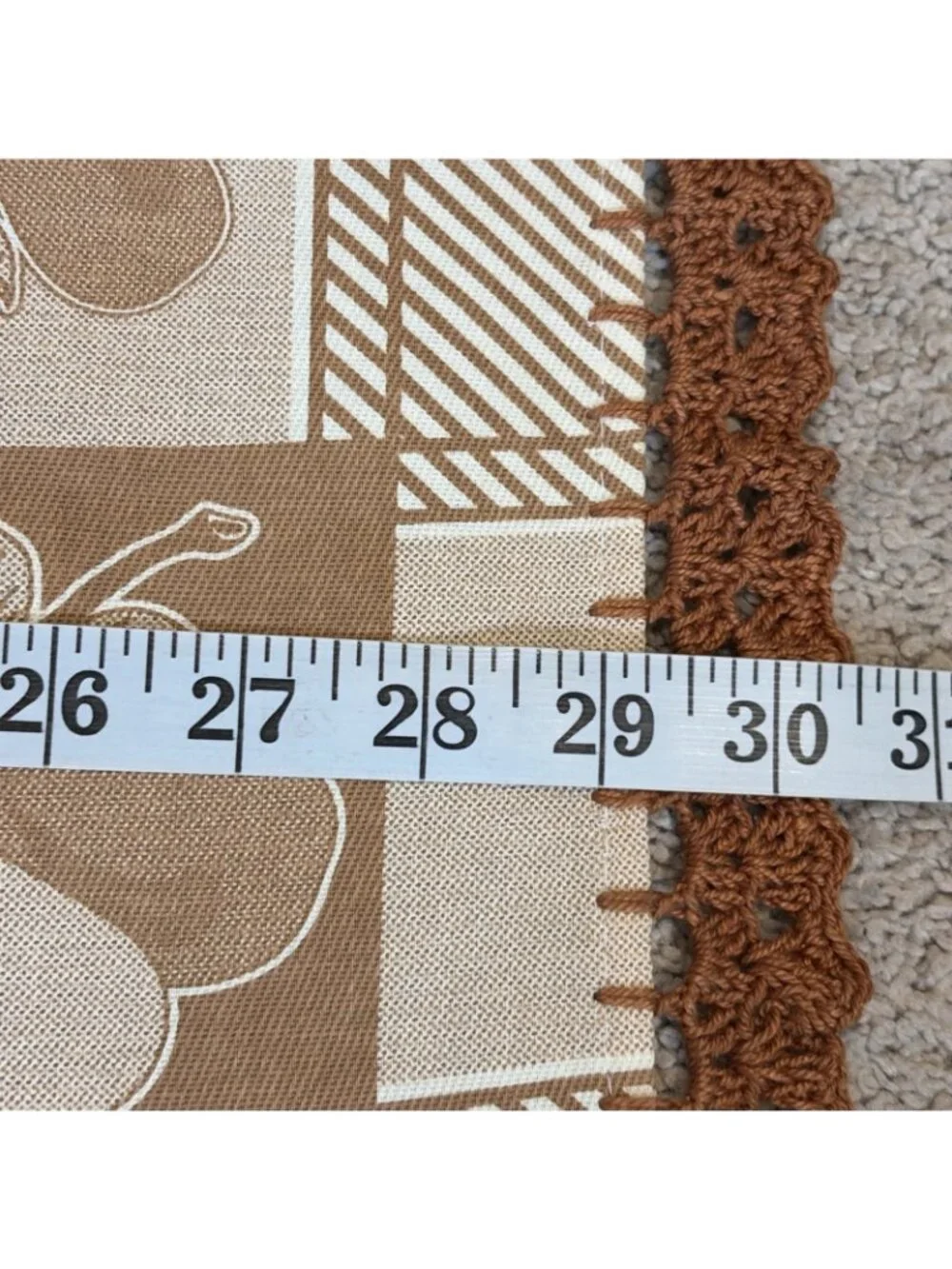Vintage Table Cover Tablecloth Brown Pears Crochet Border Square 28X30